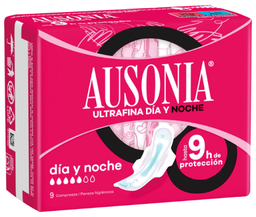 Ausonia Serviettes ultra-fines jour et nuit avec ailettes, 9 unit&eacute;s