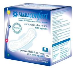 Farmaconfort Serviettes hygi&eacute;niques de nuit ultra-fines en coton avec ailettes, 10 unit&eacute;s